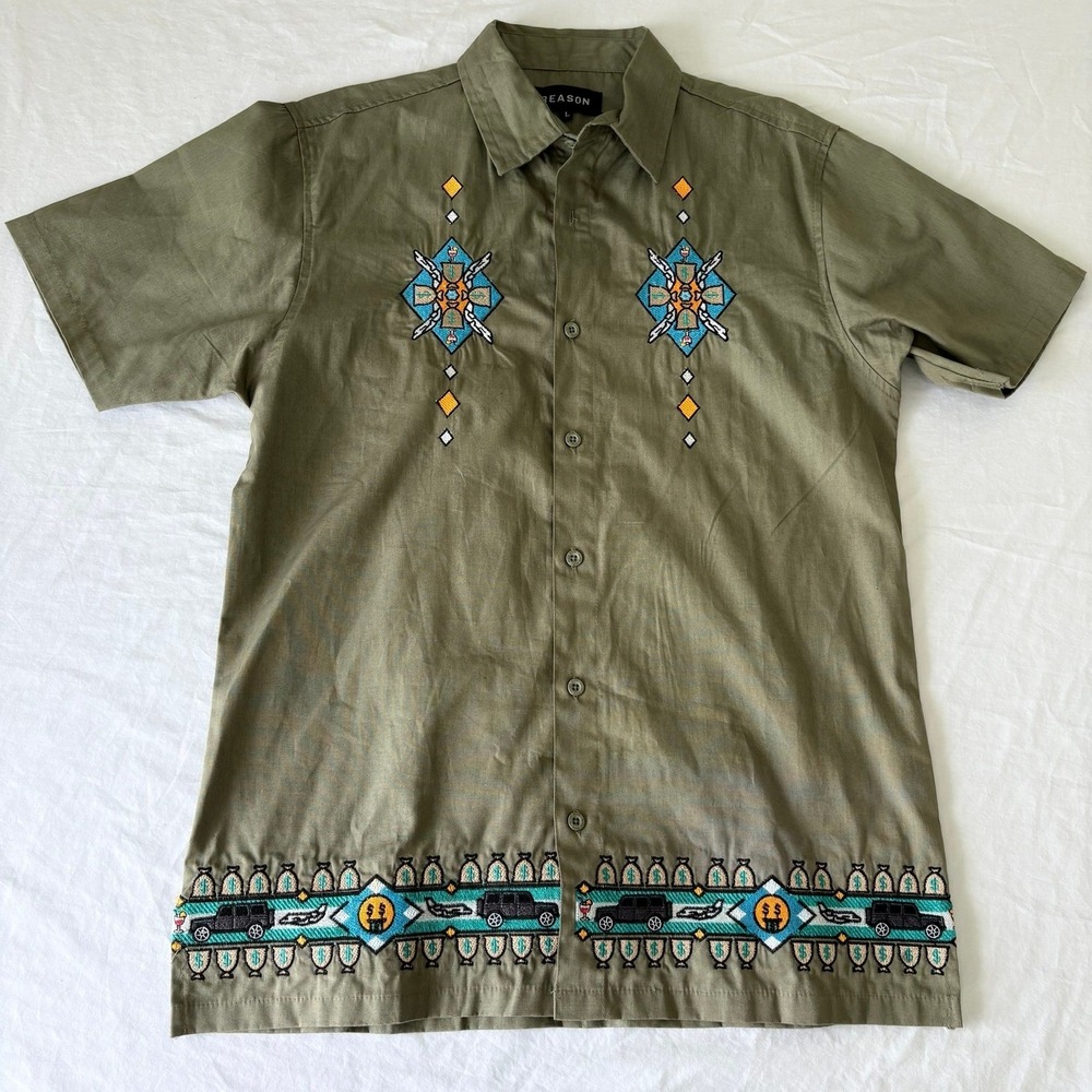 Reason Mens Short Sleeve Button Down Shirt Olive Green Embroidered S450 Size L